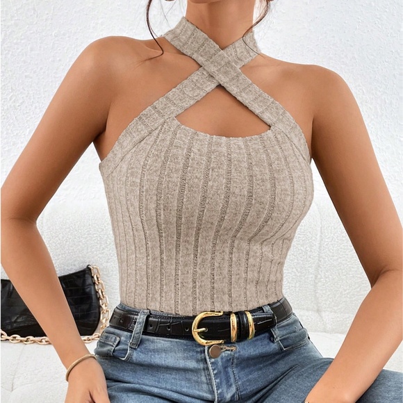 Solid Brushed Fabric Knit Halter Tank Top - Picture 7 of 10